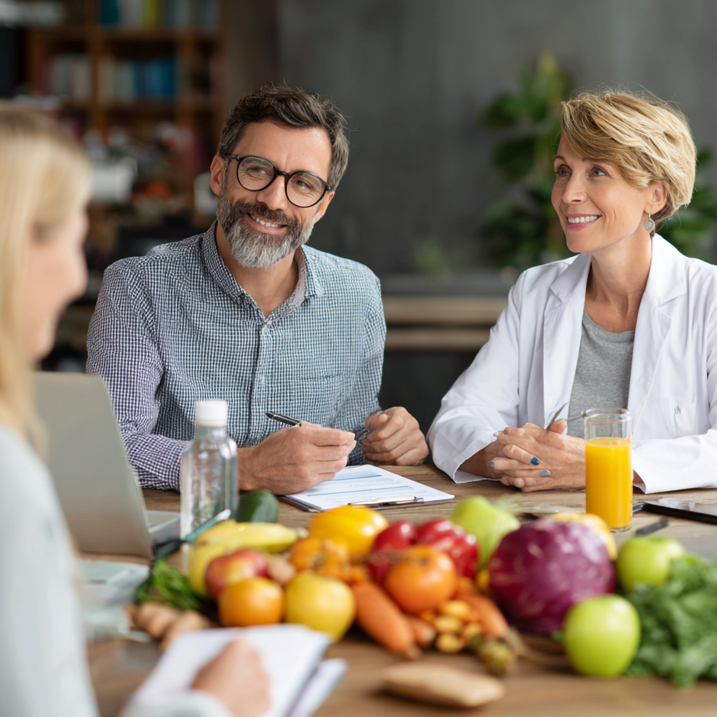 Middle-aged professionals discussing nutrition analysis with certified dietitian