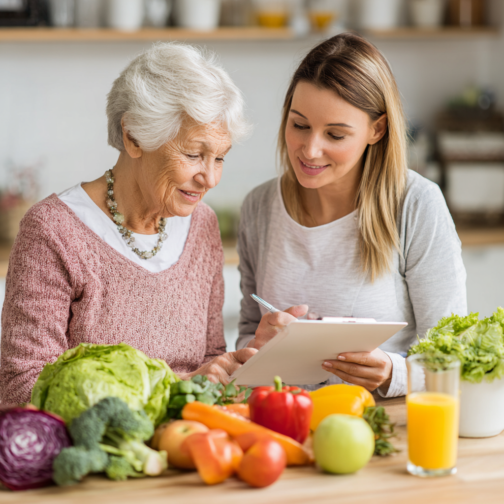 Senior woman having nutrition consultation with professional dietitian